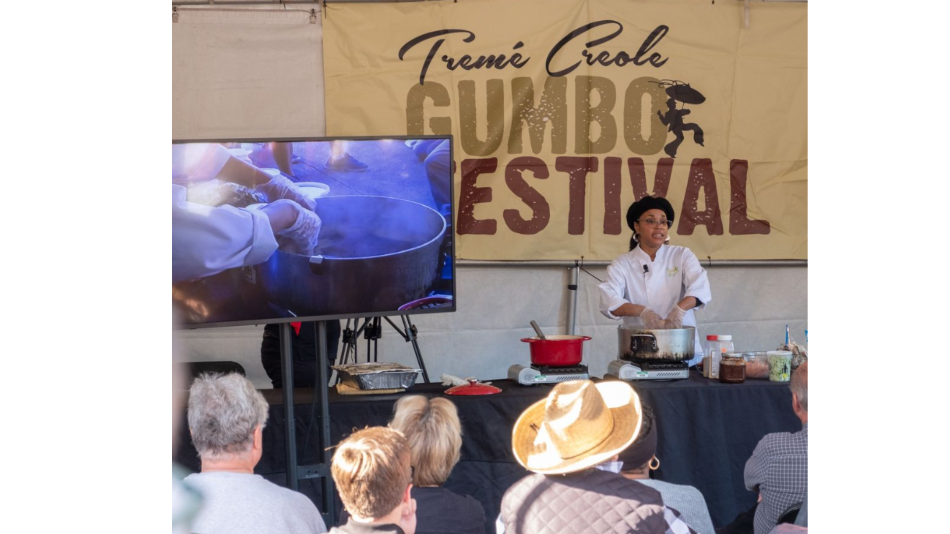 Chef teaching festival attendees how to make creole gumbo