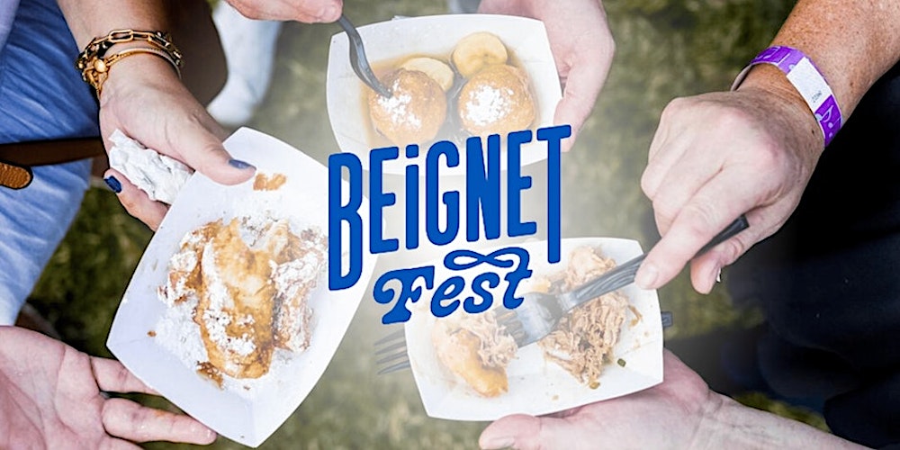 three people holding plates of beignets and a beignet fest logo